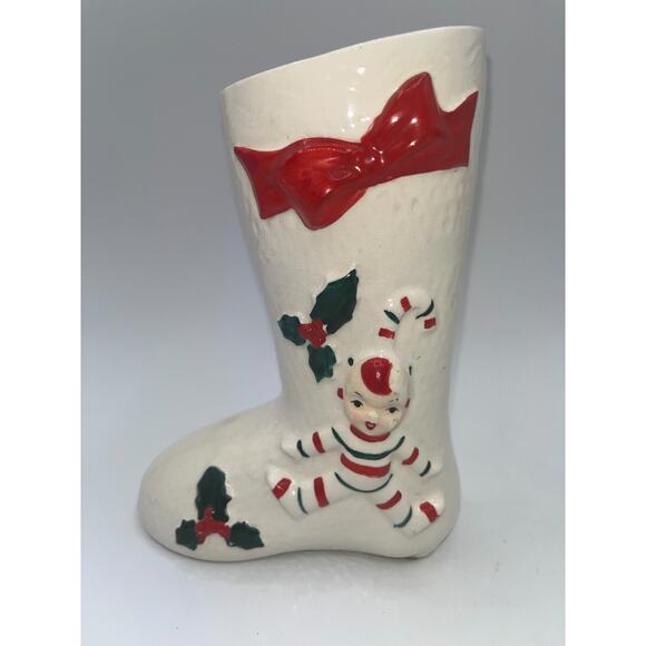 Vintage Ceramic Candy Cane Pixie Elf Christmas Boot Stocking Planter Vase Decor - Picture 2 of 16